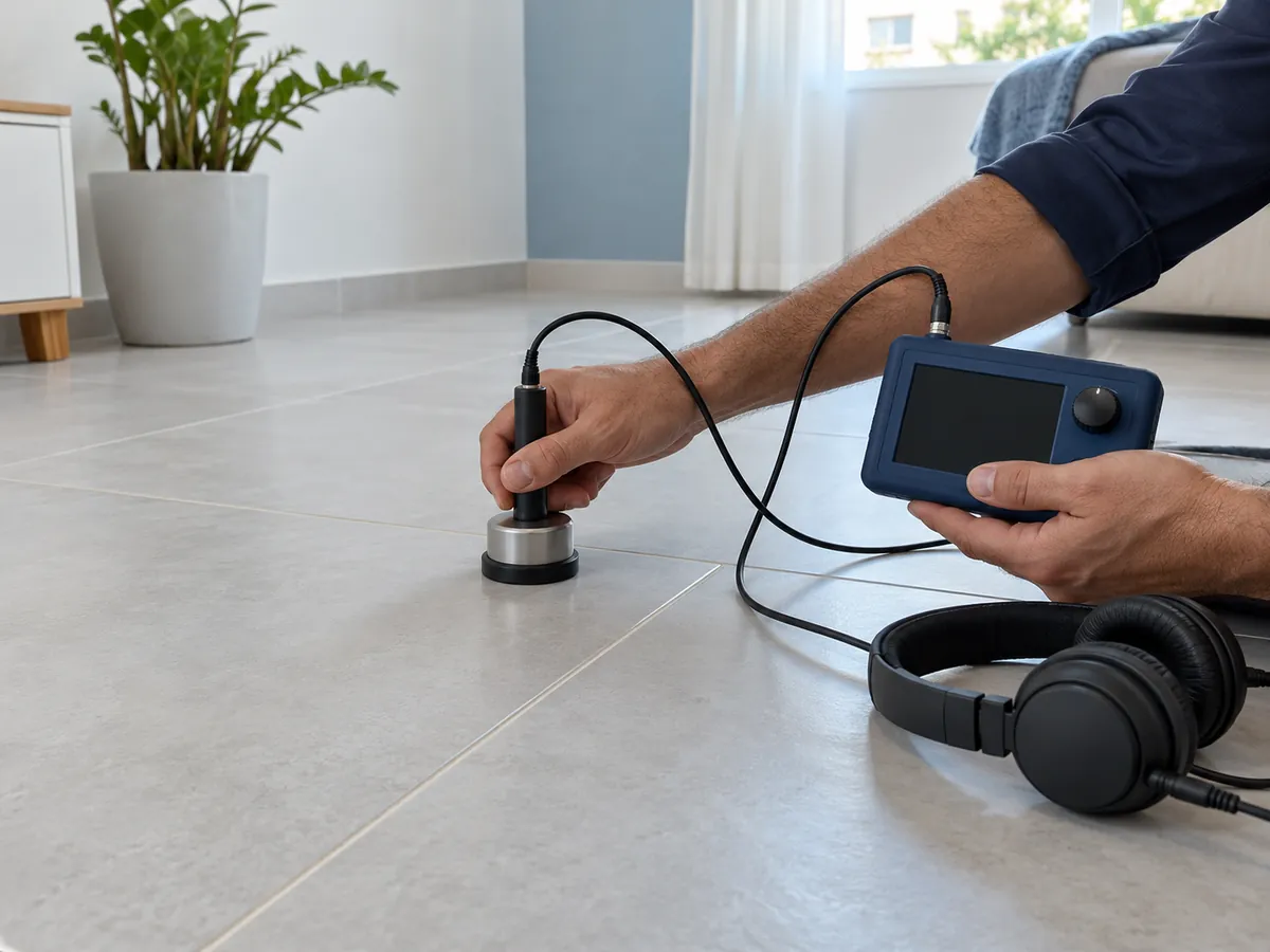 Mãos segurando sensor acústico e aparelho de detecção sobre piso de porcelanato