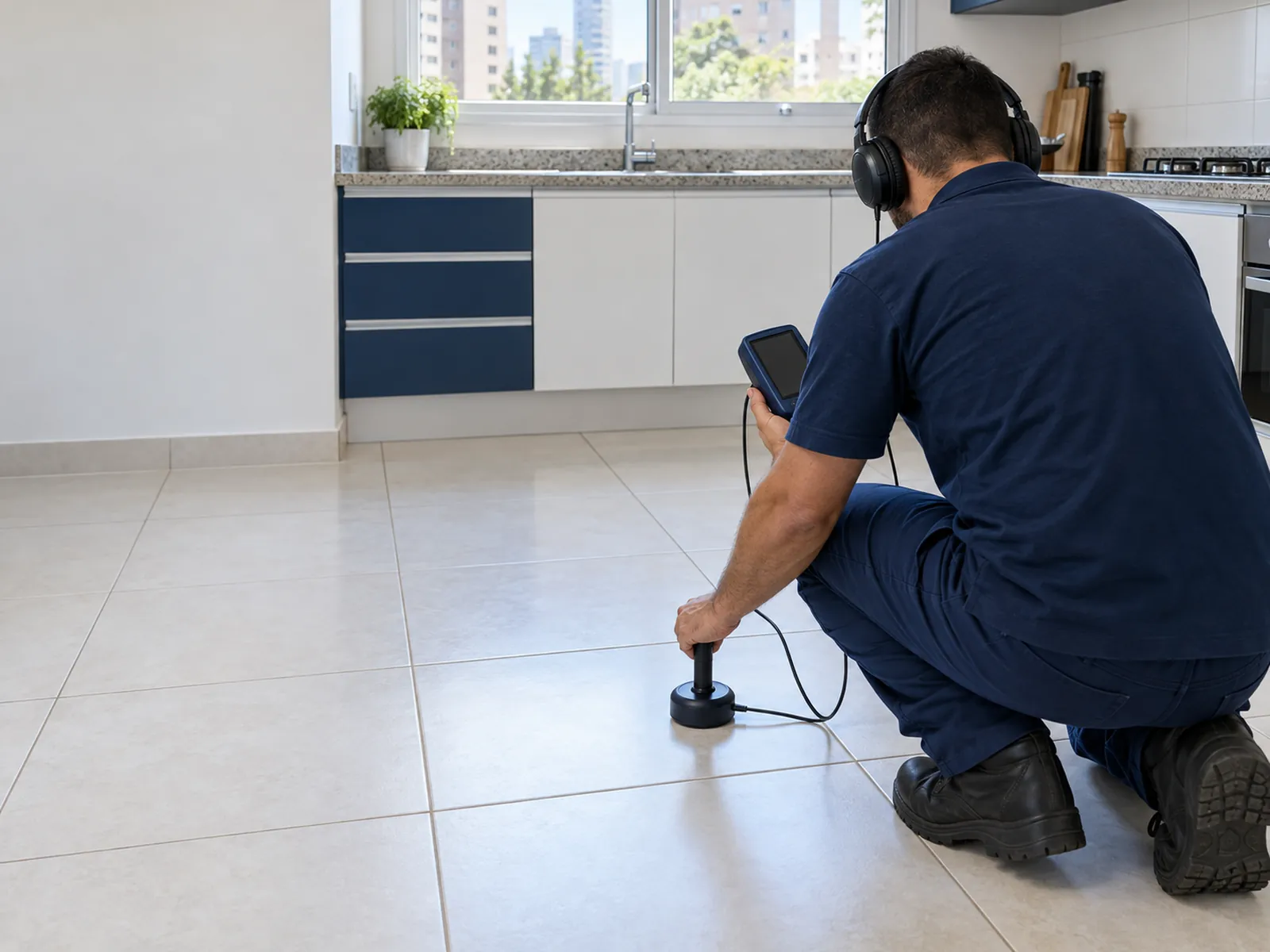 Técnico de costas usando fones e sensor acústico sobre o piso intacto de uma cozinha